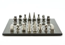 Dal Rossi Italy Chess Set Carbon Fibre Finish Flat Board 50cm, With Metal Dark Titanium And Silver 90mm Chessmen