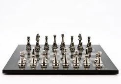 Dal Rossi Italy Chess Set Flat Carbon Fibre Board 50cm, With Metal Dark Titanium And Silver Chessmen 85mm