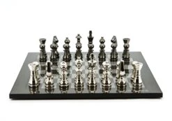 Dal Rossi Italy Chess Set Flat Carbon Fibre Board 50cm, With Metal Dark Titanium And Silver Chessmen 115mm