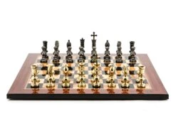 Dal Rossi Italy Chess Set Flat Walnut Finish Board 50cm, With Metal Dark Titanium And Gold Chessmen 110mm