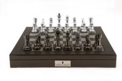 Dal Rossi Italy Silver/Titanium Chess Set On Carbon Fibre Shiny Finish Chess Box 20" With Compartments
