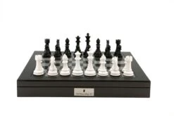 Dal Rossi Italy Black/White Chess Set On Carbon Fibre Shiny Finish Chess Box 20" With Compartments