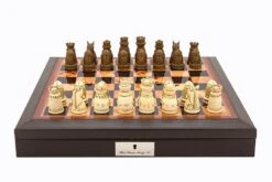 Dal Rossi Italy Brown PU Leather Bevilled Edge Chess Box With Compartments 18" With Medieval Resin Chessmen