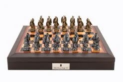 Dal Rossi Italy Brown PU Leather Bevilled Edge Chess Box With Compartments 18" With Dragon Pewter Chessmen