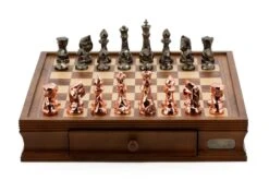 Dal Rossi Italy Chess Set With Diamond-Cut Copper & Bronze 85mm Chessmen On A Walnut Finish Chess Box 16” With Drawers