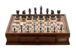 Dal Rossi Italy Chess Set With Diamond-Cut Titanium & Silver 85mm Chessmen On A Walnut Finish Chess Box 16” With Drawers