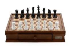 Dal Rossi Italy Chess Set With Diamond-Cut Black & White 85mm Chessmen On A Walnut Finish Chess Box 16” With Drawers