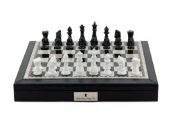 Dal Rossi Black PU Leather Bevelled Edge Chess Box W/compartments 18" Diamond-Cut Black & White Finish Chessmen
