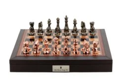 Dal Rossi Italy Brown PU Leather Bevelled Edge Chess Box With Compartments 18" With Diamond-Cut Copper & Bronze Finish Chessmen