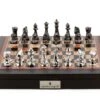 Dal Rossi Italy Brown PU Leather Bevelled Edge Chess Box With Compartments 18" With Diamond-Cut Titanium & Silver Finish Chessmen -Entertainment Game Store L4291DR