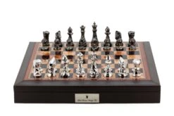 Dal Rossi Italy Brown PU Leather Bevelled Edge Chess Box With Compartments 18" With Diamond-Cut Titanium & Silver Finish Chessmen
