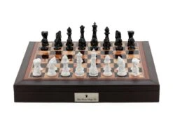 Dal Rossi Italy Brown PU Leather Bevelled Edge Chess Box With Compartments 18" With Diamond-Cut Black & White Finish Chessmen