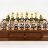 Dal Rossi Italy Chess Set Walnut Finish 16″ With Two Drawers, With Gray And Green Gold And Silver Metal Tops And Bottoms Chess Pieces 90mm -Entertainment Game Store L44159DR