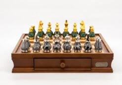 Dal Rossi Italy Chess Set Walnut Finish 16″ With Two Drawers, With Gray And Green Gold And Silver Metal Tops And Bottoms Chess Pieces 90mm