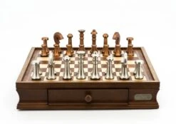 Dal Rossi Italy Chess Set Walnut Finish 16″ With Two Drawers, With Metal Copper And Silver 80mm Chessmen