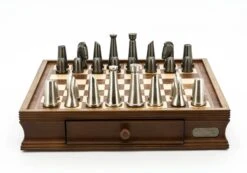 Dal Rossi Italy Chess Set Walnut Finish 16″ With Two Drawers, With Metal Dark Titanium And Silver Chessmen 85mm