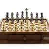 Dal Rossi Italy Chess Set Walnut Finish 16″ With Two Drawers, With Metal Dark Titanium And Gold Chessmen 110mm -Entertainment Game Store L44333DR