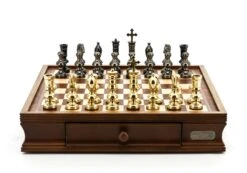 Dal Rossi Italy Chess Set Walnut Finish 16″ With Two Drawers, With Metal Dark Titanium And Gold Chessmen 110mm