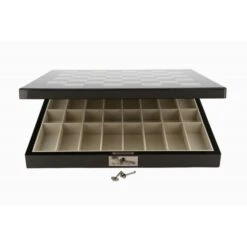 Dal Rossi Italy Chess Set Carbon Fibre Finish 16″ With Compartments, With Metal Dark Titanium And Silver Chessmen 85mm -Entertainment Game Store L60233DR 2