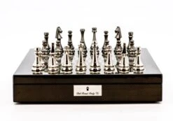 Dal Rossi Italy Chess Set Carbon Fibre Finish 16″ With Compartments, With Metal Dark Titanium And Silver Chessmen 85mm