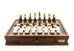 Dal Rossi Italy Chess Set Walnut Finish 20″ With Two Drawers, With Black And White With Gold And Gun Metal Tops And Bottoms Chessmen 110mm