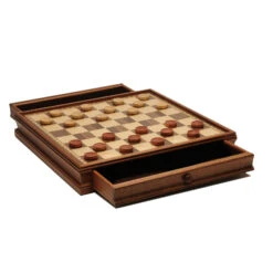 French Staunton Chess & Checkers Set – Weighted Pieces, Brown & Natural Wooden Board With Storage Drawers – 15 In -Entertainment Game Store WECHESS16 2