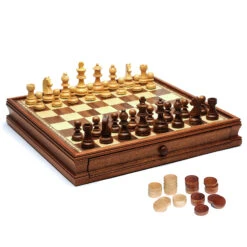 French Staunton Chess & Checkers Set – Weighted Pieces, Brown & Natural Wooden Board With Storage Drawers – 15 In